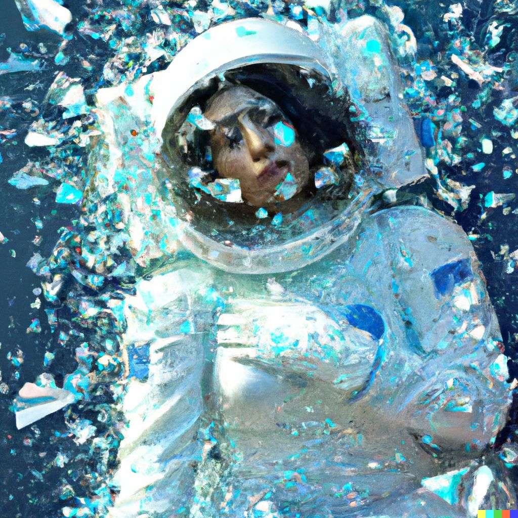 an astronaut, covered in exploding crystals